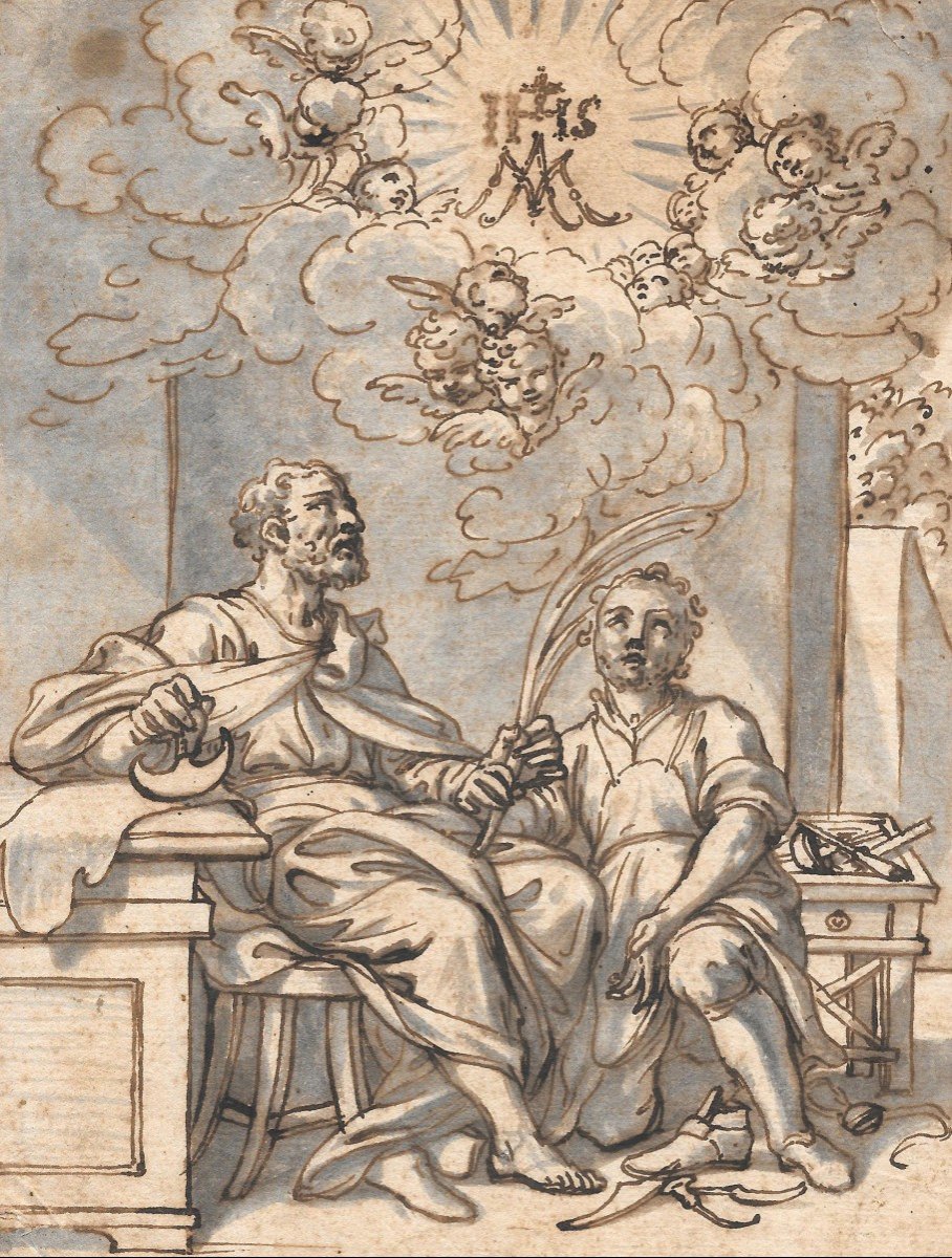 Italian School 17th Century "crépin And Crépinien Saints Martyrs Patrons Of The Shoemakers" Pen And Gray Wash Drawing