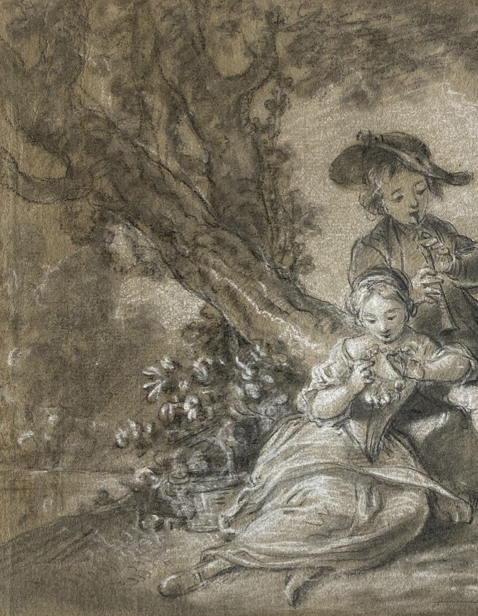 French School 18th Century "couple And Their Dog" Drawing In Black Chalk And White Chalk-photo-2