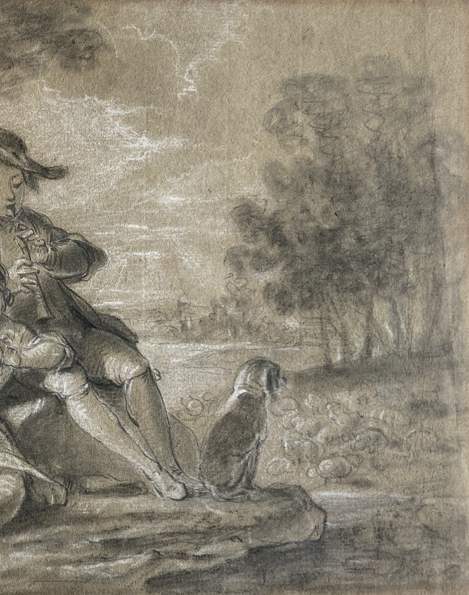 French School 18th Century "couple And Their Dog" Drawing In Black Chalk And White Chalk-photo-3