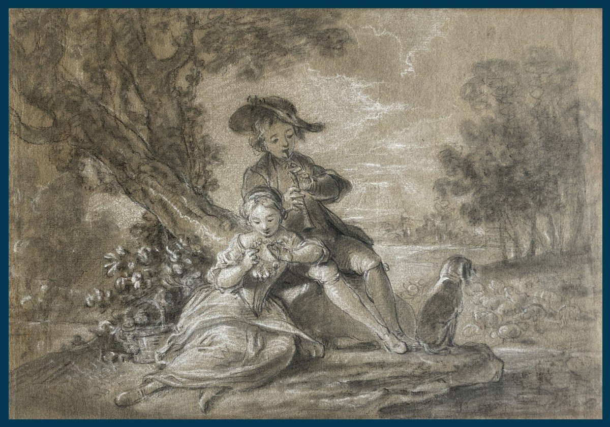 French School 18th Century "couple And Their Dog" Drawing In Black Chalk And White Chalk