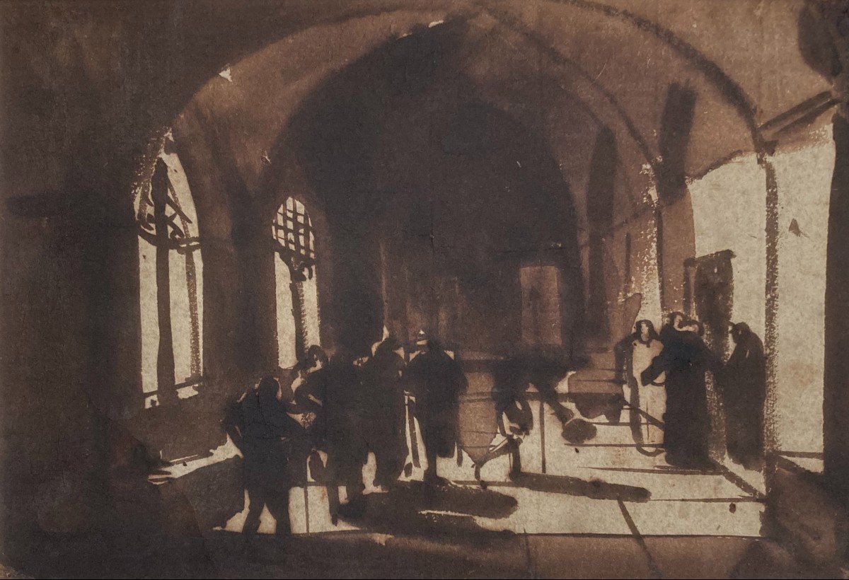 Granet François Marius (1775-1849) "interior Of A Convent" Brown Wash Drawing, 18th Century Frame-photo-2