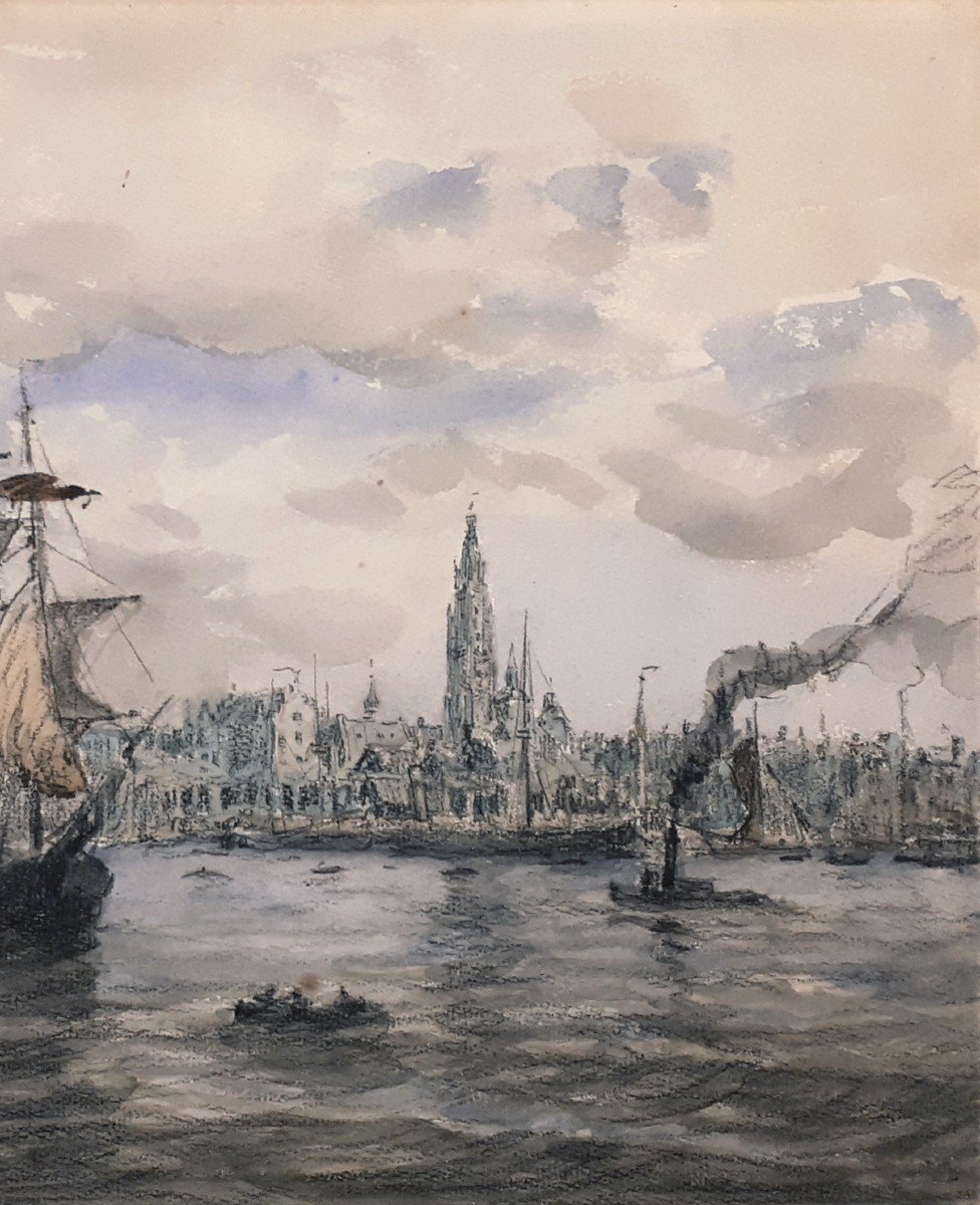 Boggs Frank Myers (1855-1926) "view Of Antwerp" Drawing/watercolor And Black Pencil, Signed-photo-3