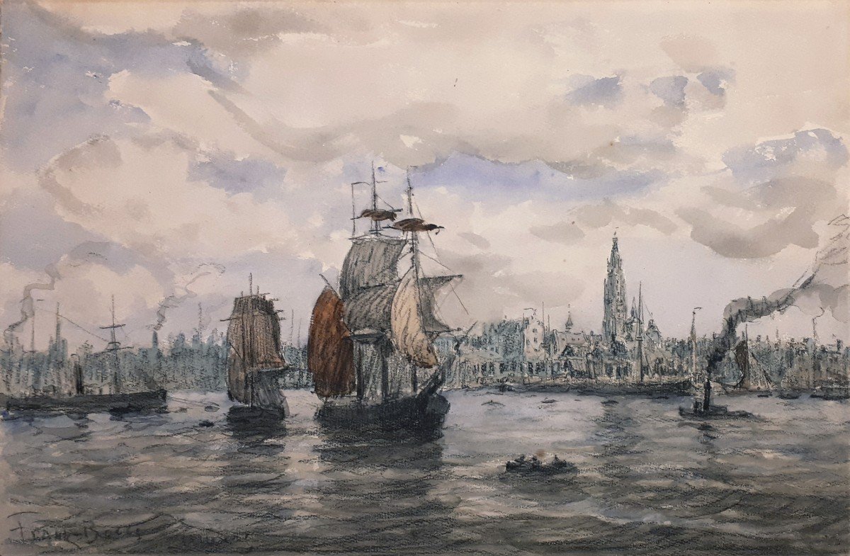 Boggs Frank Myers (1855-1926) "view Of Antwerp" Drawing/watercolor And Black Pencil, Signed