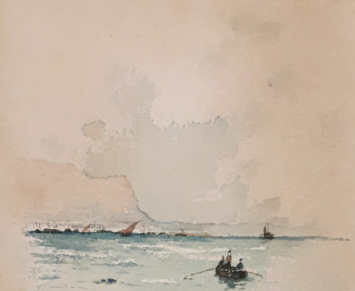 CASILE Alfred (1848-1909) "Rivage, barque et personnages" Aquarelle, Signé-photo-2
