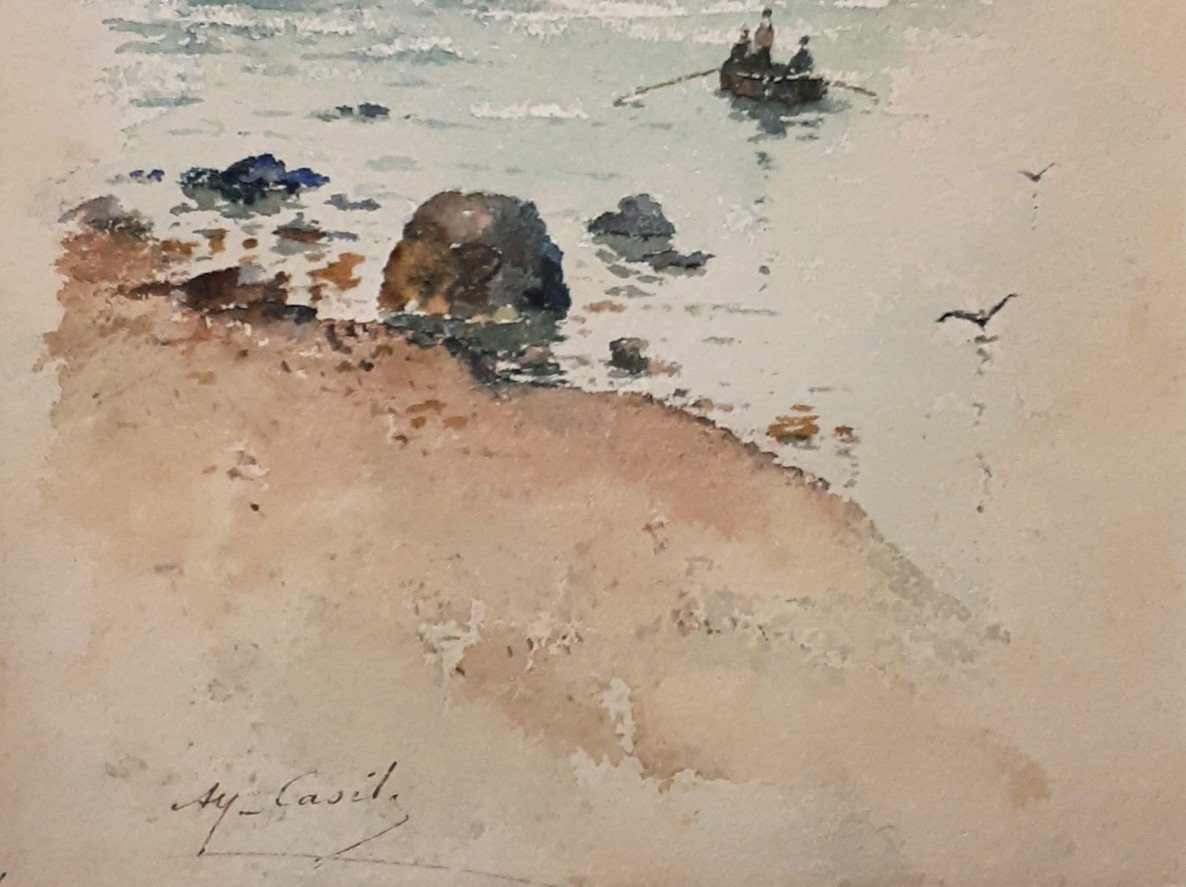 CASILE Alfred (1848-1909) "Rivage, barque et personnages" Aquarelle, Signé-photo-3