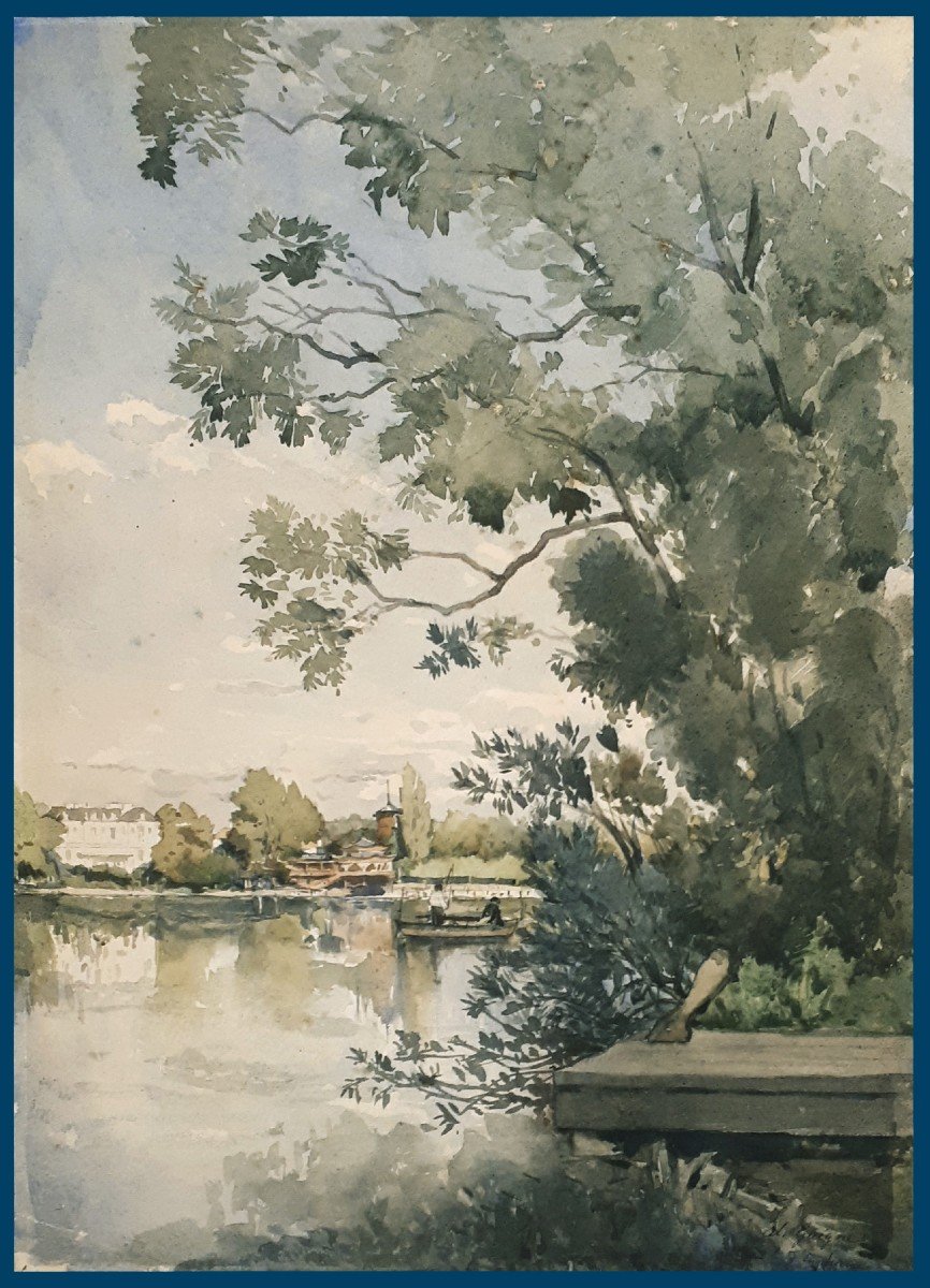 Guigné Alexis-Eugène, Elève de Jules NOEL, Né en 1839 "Le lac d'Enghien" Aquarelle,Signé, situé