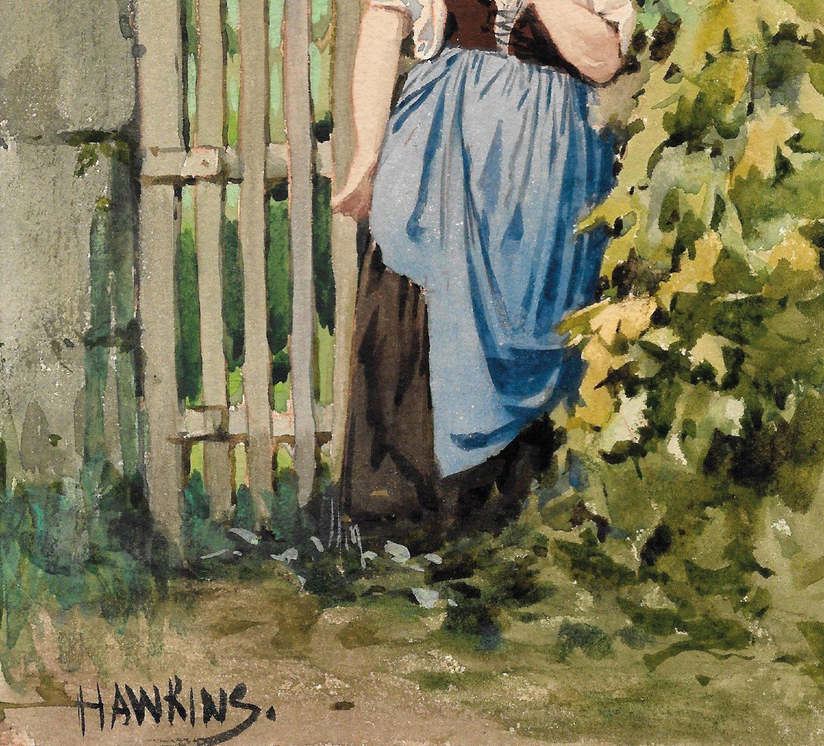 HAWKINS Louis Welden (1849-1910) "Femme et tournesol" Aquarelle, signé-photo-3