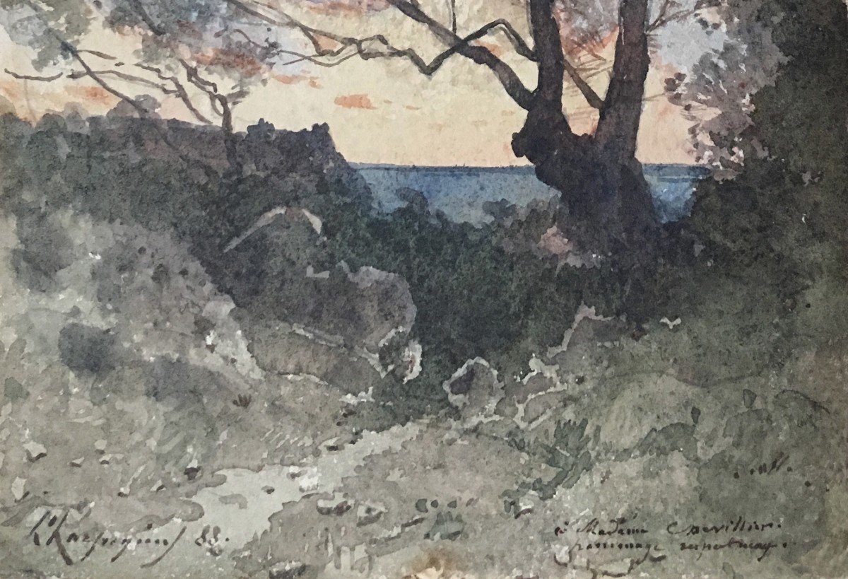 Harpignies Henri (1819-1916) "landscape" Watercolor, Signed And Annotated-photo-3