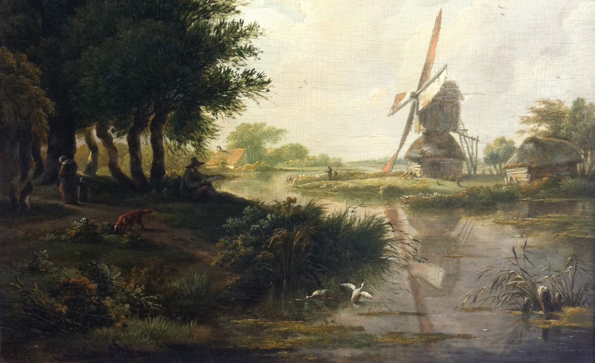 HULSWIT Jan (1766-1822) "Artiste dessinant dans la campagne" Huile/panneau, monogrammé, Cadre-photo-4