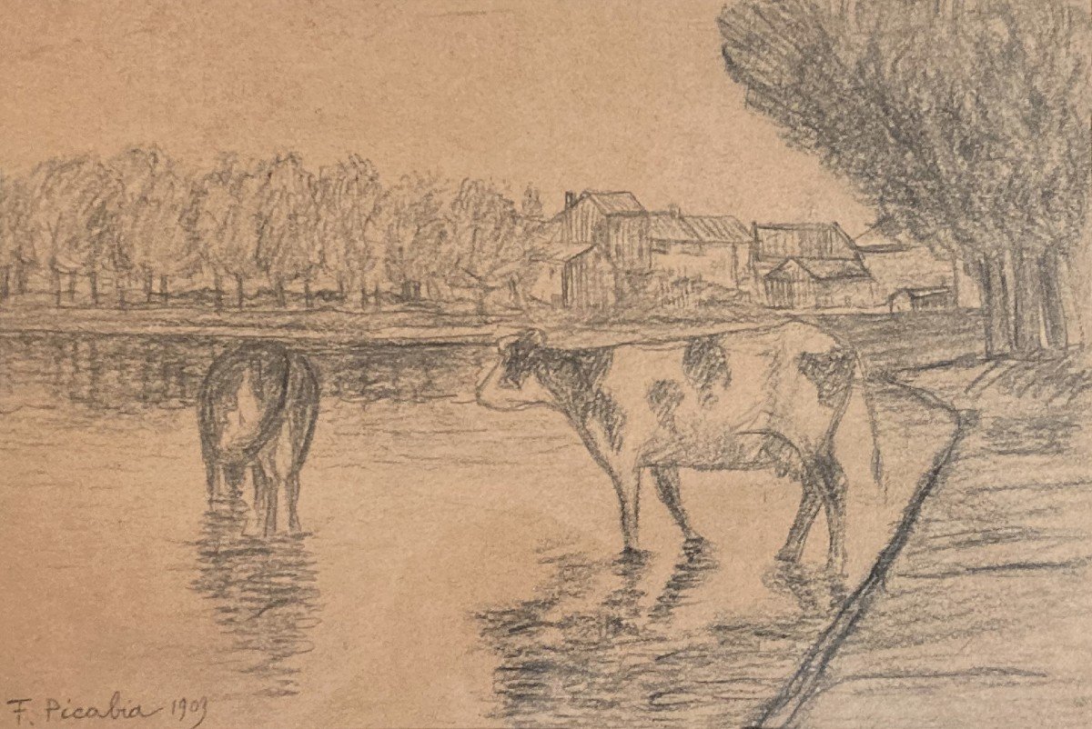 PICABIA Francis (1879-1953) "Vaches au bord de la rivière" Dessin/Crayon noir, signé,daté,Cadre-photo-2