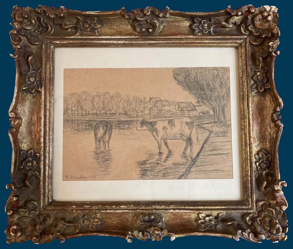 PICABIA Francis (1879-1953) "Vaches au bord de la rivière" Dessin/Crayon noir, signé,daté,Cadre
