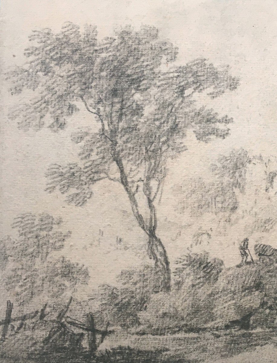 PILLEMENT Jean (1728-1808) "Paysage animé" Dessin à la pierre noire, signé-photo-2