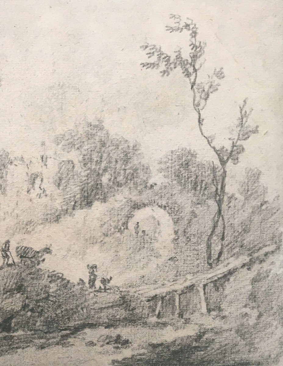 PILLEMENT Jean (1728-1808) "Paysage animé" Dessin à la pierre noire, signé-photo-3