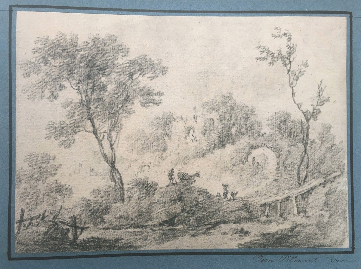 PILLEMENT Jean (1728-1808) "Paysage animé" Dessin à la pierre noire, signé-photo-4