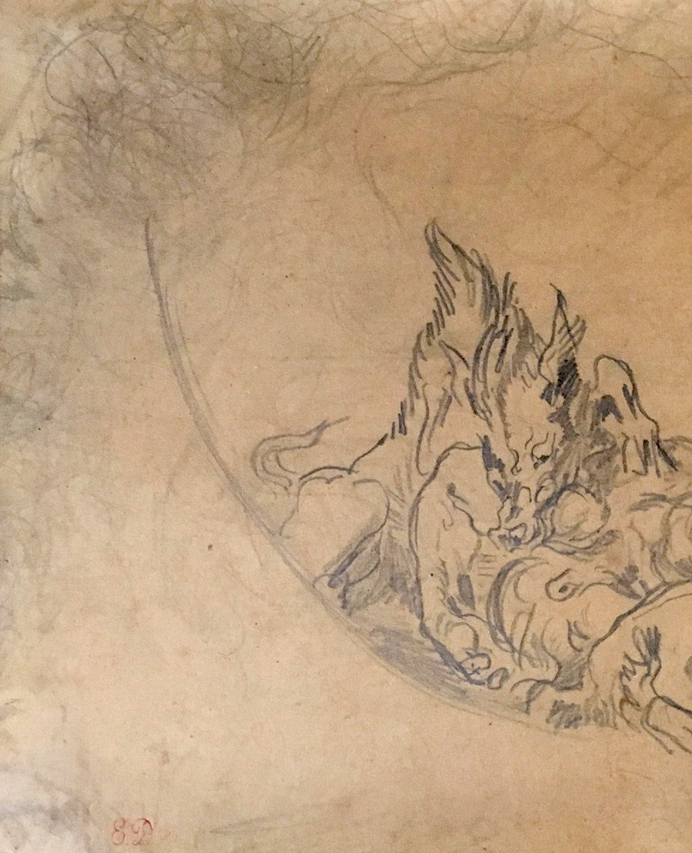 Delacroix Eugène (1798-1863) "ceiling Study Of Apollo In The Louvre" Drawing/black Pencil, Stamp, Frame-photo-3
