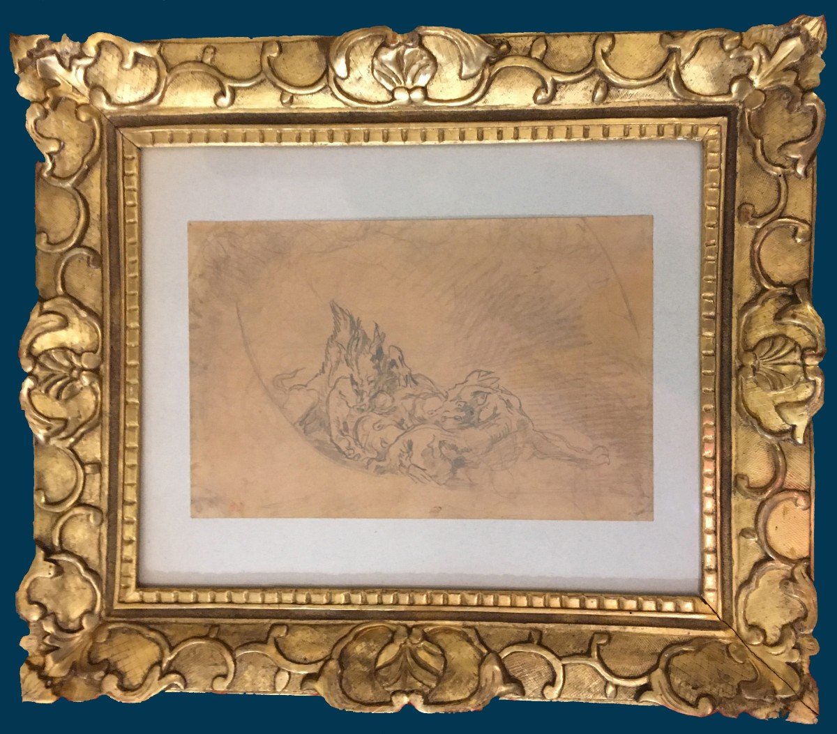 DELACROIX Eugène (1798-1863)"Etude Plafond d'Apollon au Louvre" Dessin/Crayon noir,Cachet,Cadre