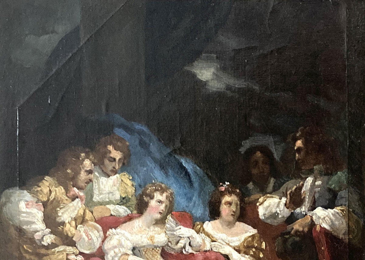 French School Circa 1830 Attr. To Achille Deveria "characters Under Louis XIV" Oil/paper/canvas-photo-2