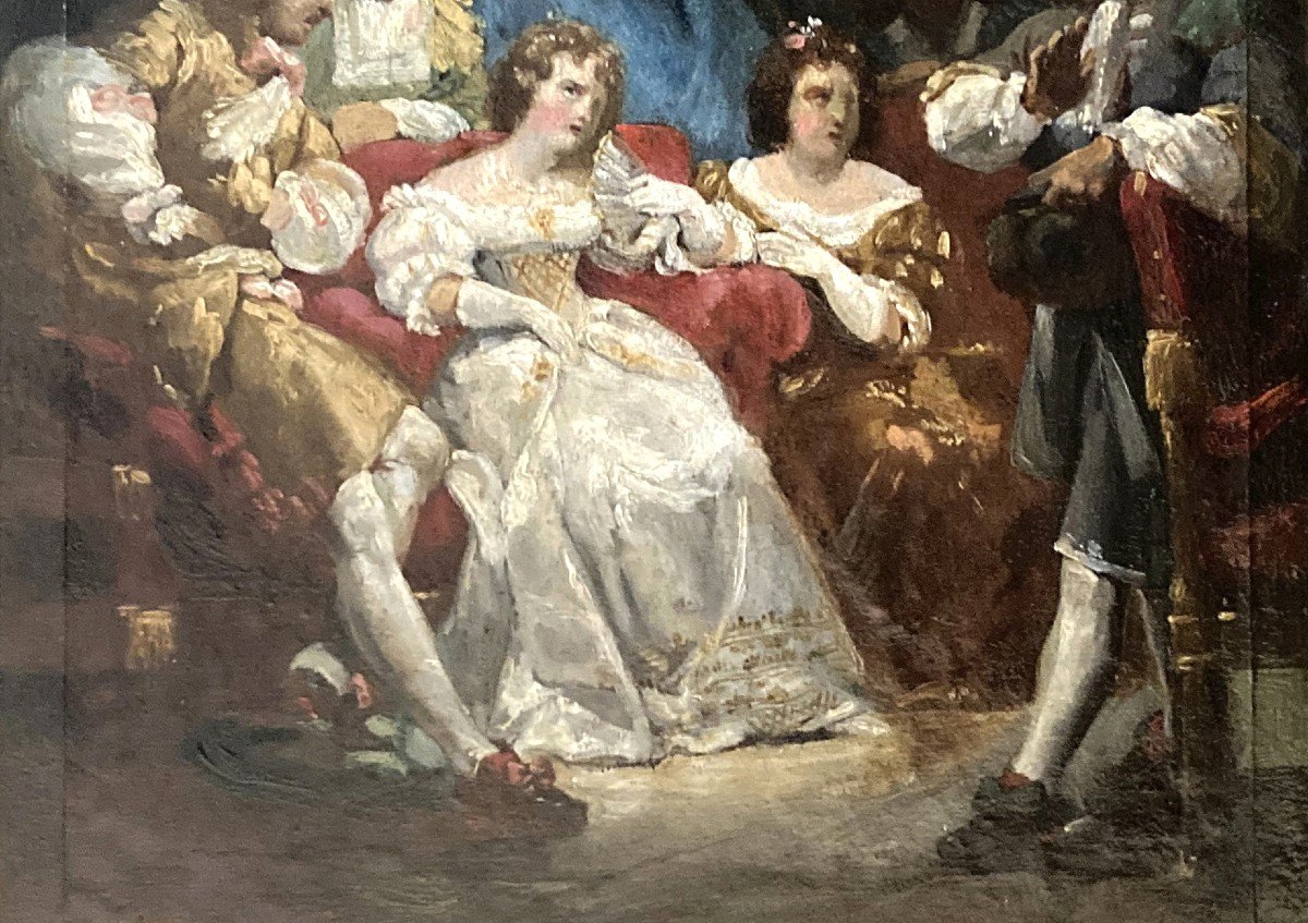 French School Circa 1830 Attr. To Achille Deveria "characters Under Louis XIV" Oil/paper/canvas-photo-3