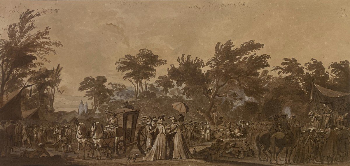 French School 18th Century "characters And Carriage" Drawing/pen, Brown Wash & White Highlights