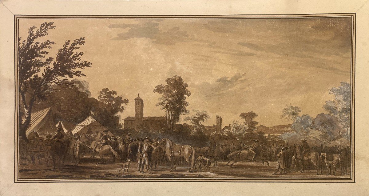French School 18th Century "characters And Horses" Drawing/pen, Brown Wash And White Highlights-photo-4