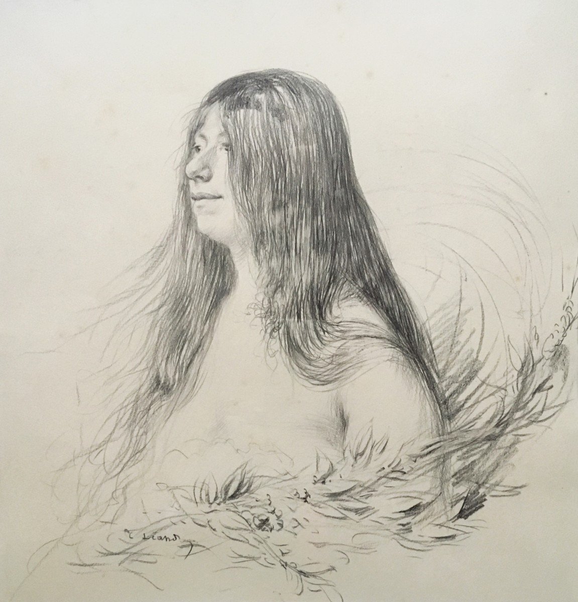 Leandre Charles (1862-1934) "portrait Of A Woman With Flowers" Drawing In Black Pencil, Signed-photo-2