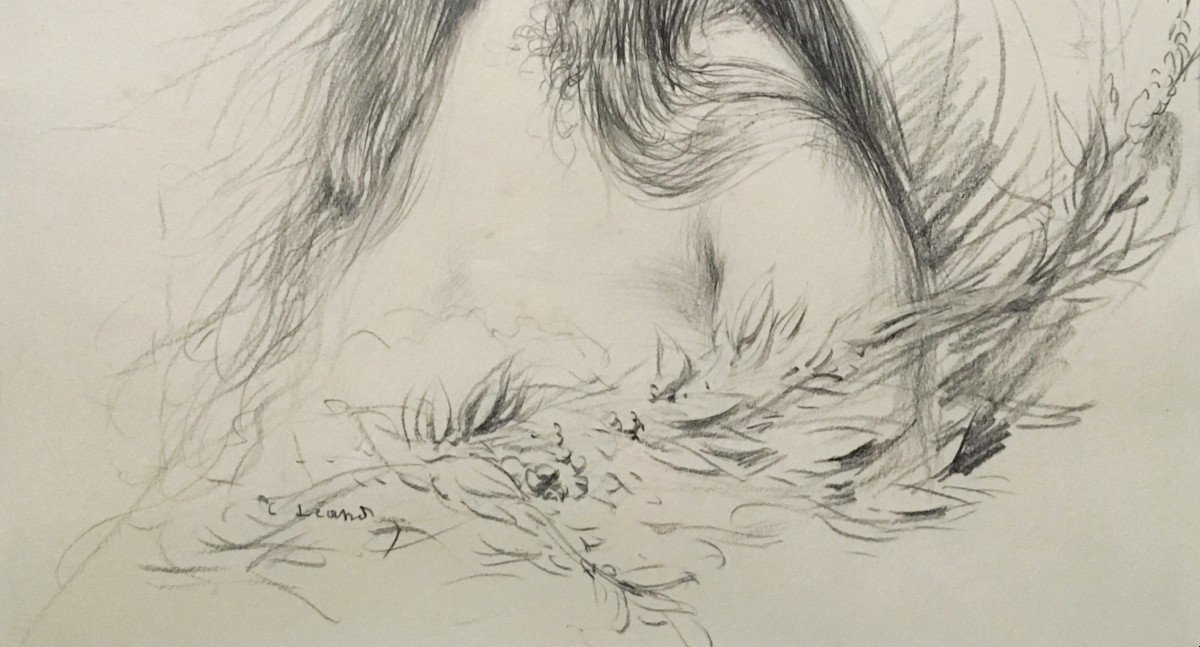 LEANDRE Charles (1862-1934) "Portrait de femme aux fleurs" Dessin au crayon noir, Signé-photo-4