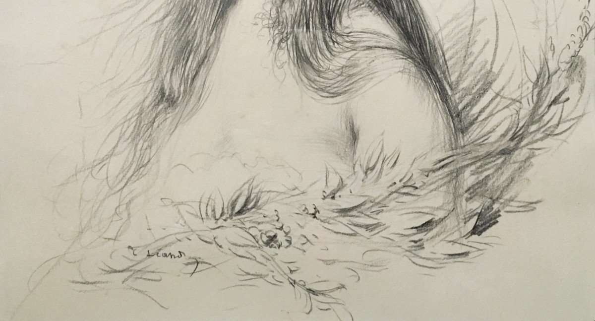 Leandre Charles (1862-1934) "portrait Of A Woman With Flowers" Drawing In Black Pencil, Signed-photo-4