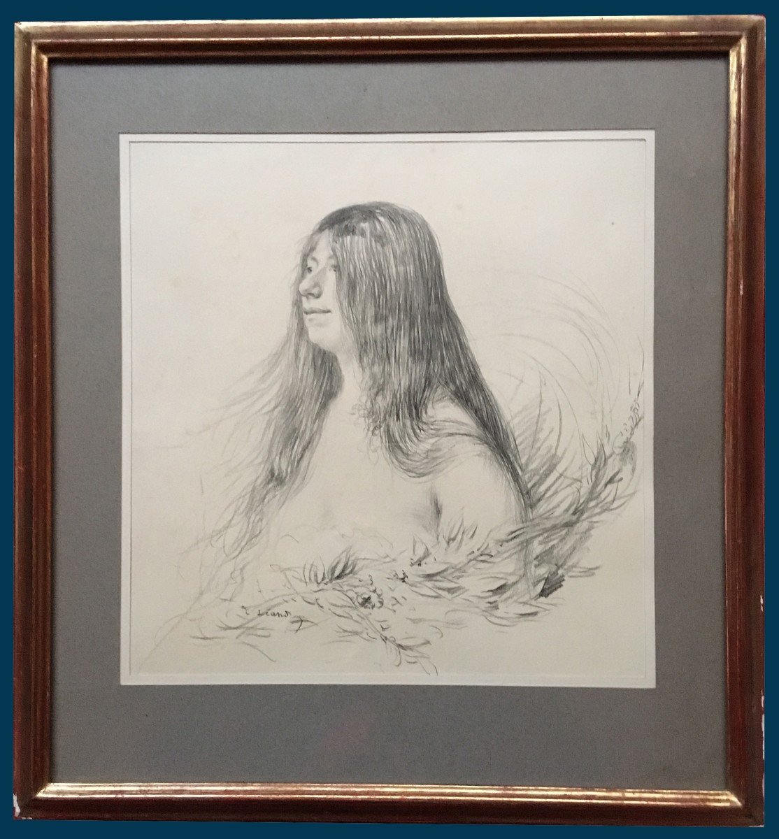 Leandre Charles (1862-1934) "portrait Of A Woman With Flowers" Drawing In Black Pencil, Signed