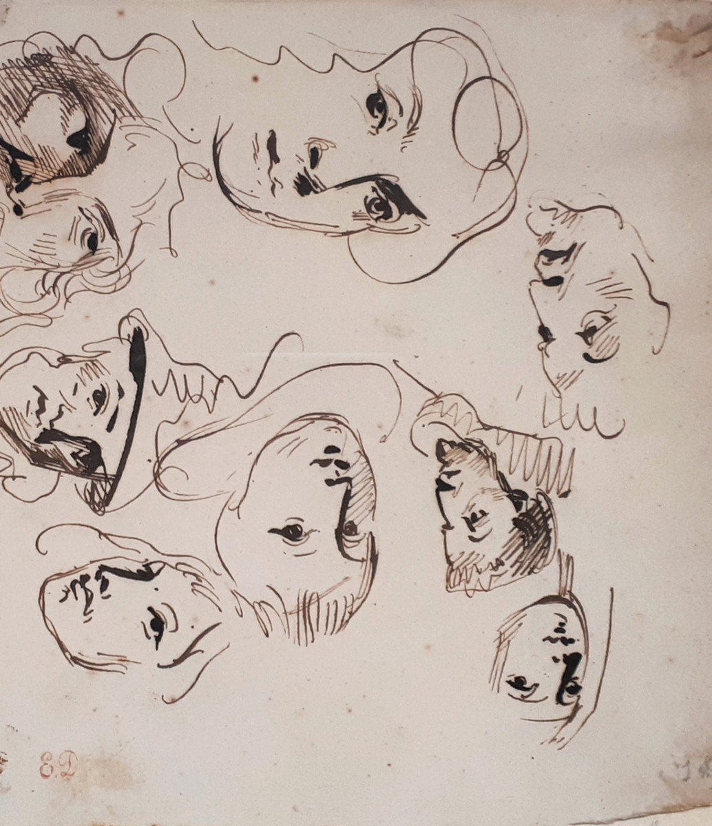 DELACROIX Eugène (1798-1863) "Etude de têtes" Dessin/Plume et lavis brun, Cachet, Cadre-photo-4