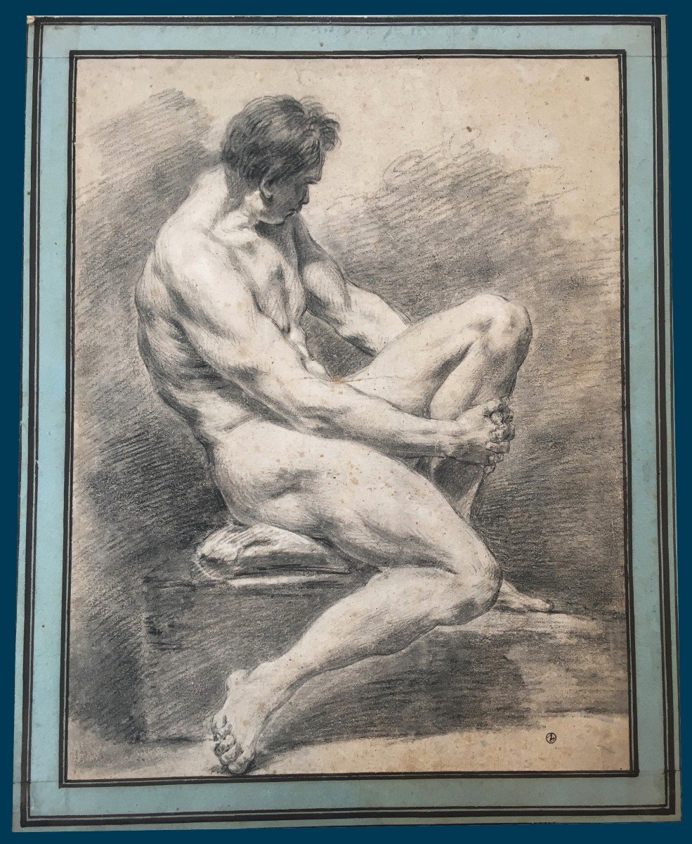 ECOLE FRANÇAISE 18E SIECLE "Académie d'homme" Dessin à la pierre noire, Cachet de Collection-photo-4