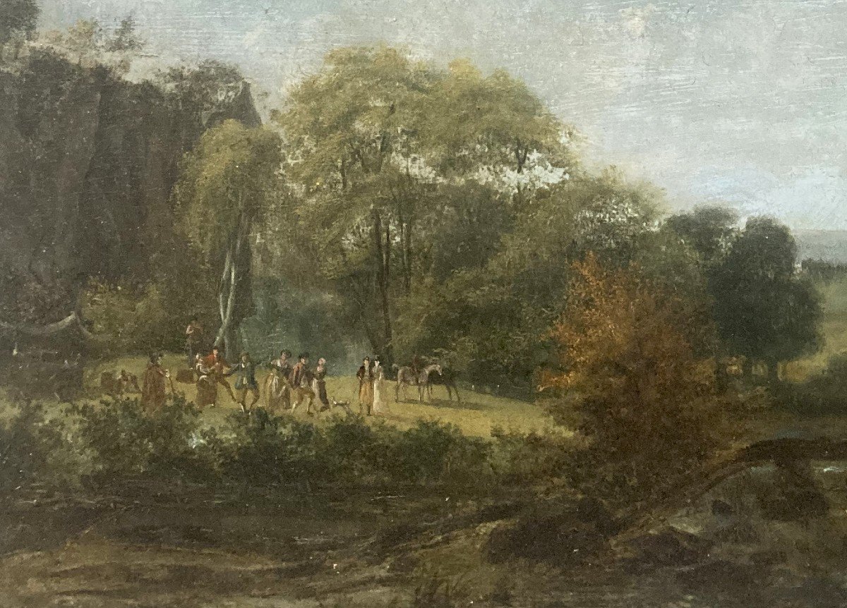 French School 18th Century "animated Landscape" Oil On Wooden Panel-photo-2