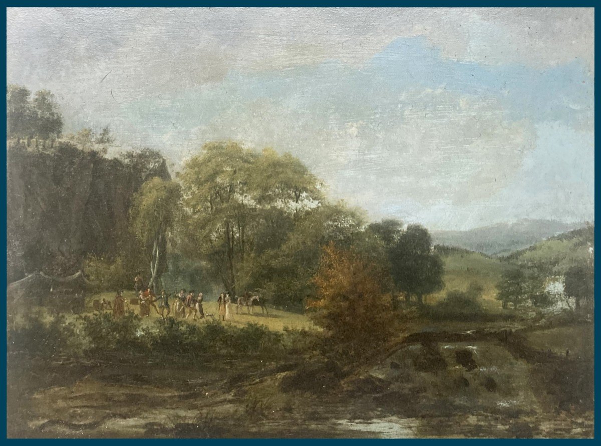 French School 18th Century "animated Landscape" Oil On Wooden Panel