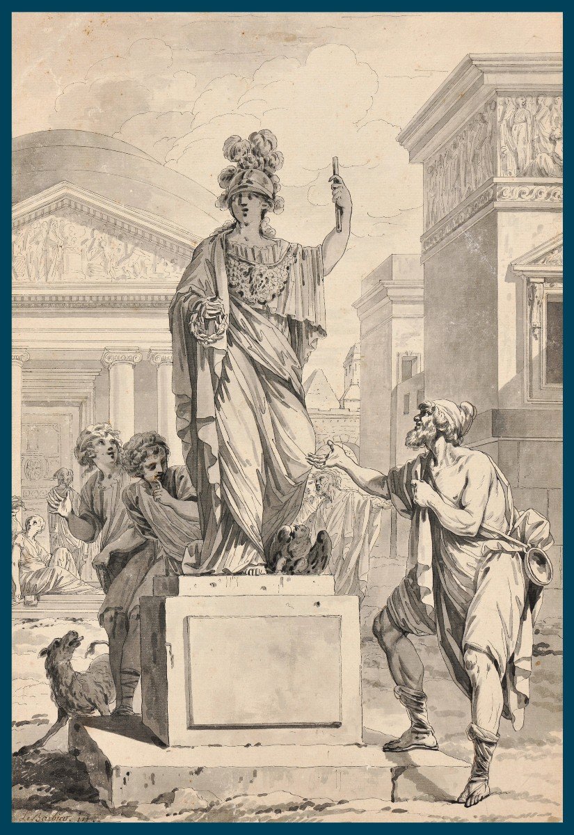 The Barber Jean-jacques François (1738-1826) Said The Elder "minerva" Drawing/pen, Gray Wash, Signed