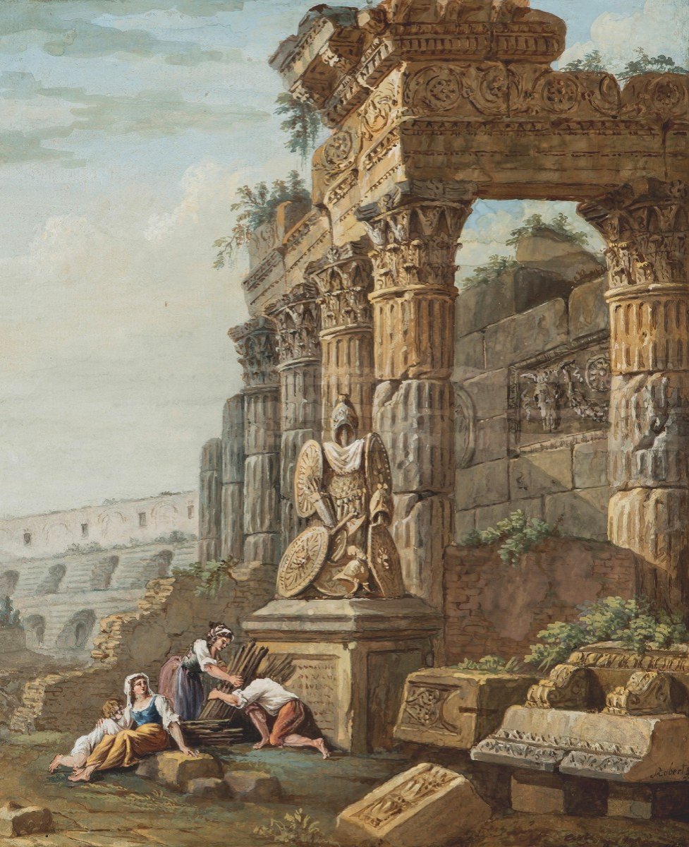 CLERISSEAU Charles Louis (1721-1820) "Personnages,ruines antiques & pyramide" Gouache,Cadre 18e-photo-4