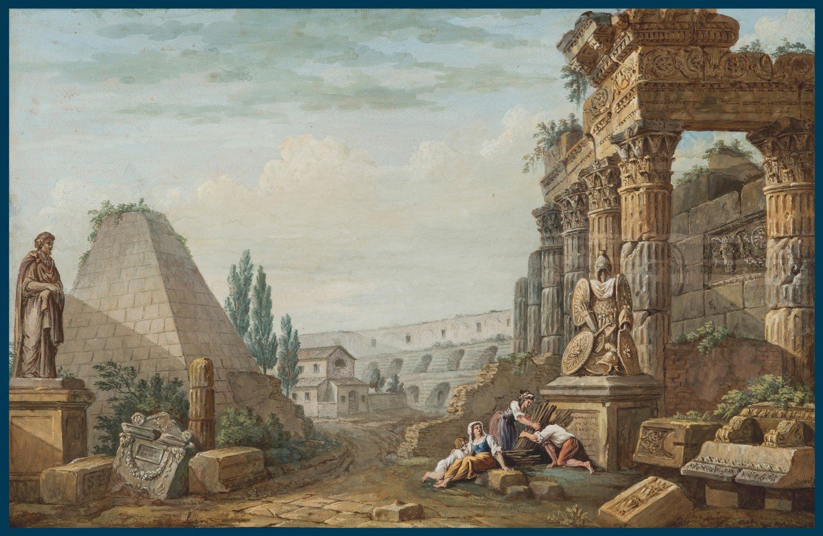 Clerisseau Charles Louis (1721-1820) "characters, Ancient Ruins & Pyramid" Gouache, 18th Century Frame