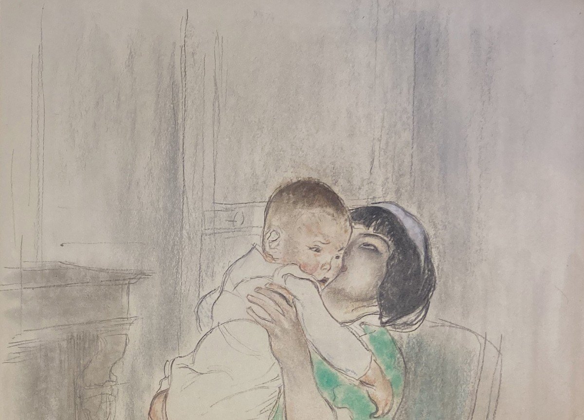 Legrand Louis (1863-1951) "woman And Child" Drawing In Black Pencil And Pastel, Monogrammed-photo-2