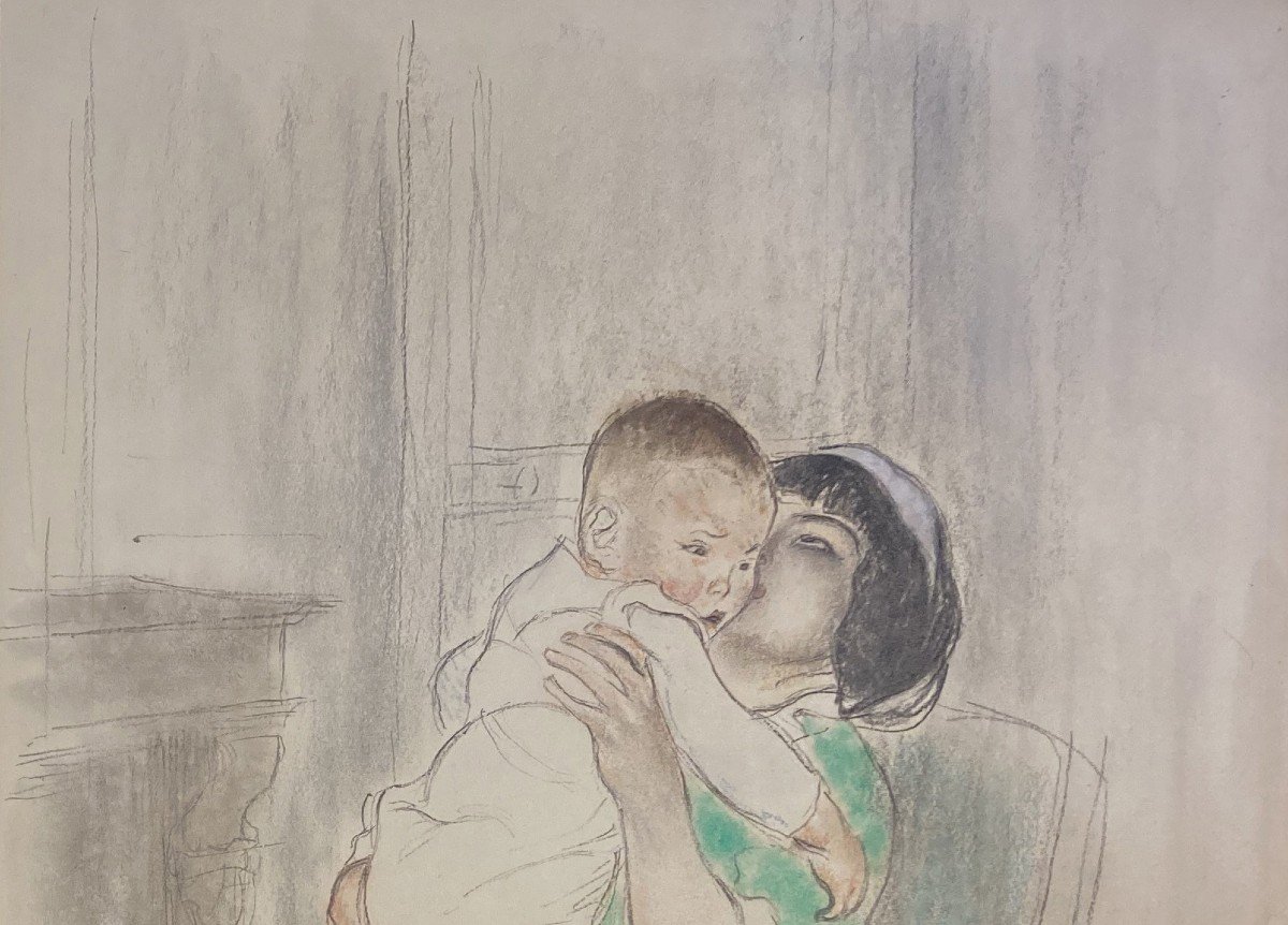 Legrand Louis (1863-1951) "woman And Child" Drawing In Black Pencil And Pastel, Monogrammed-photo-2