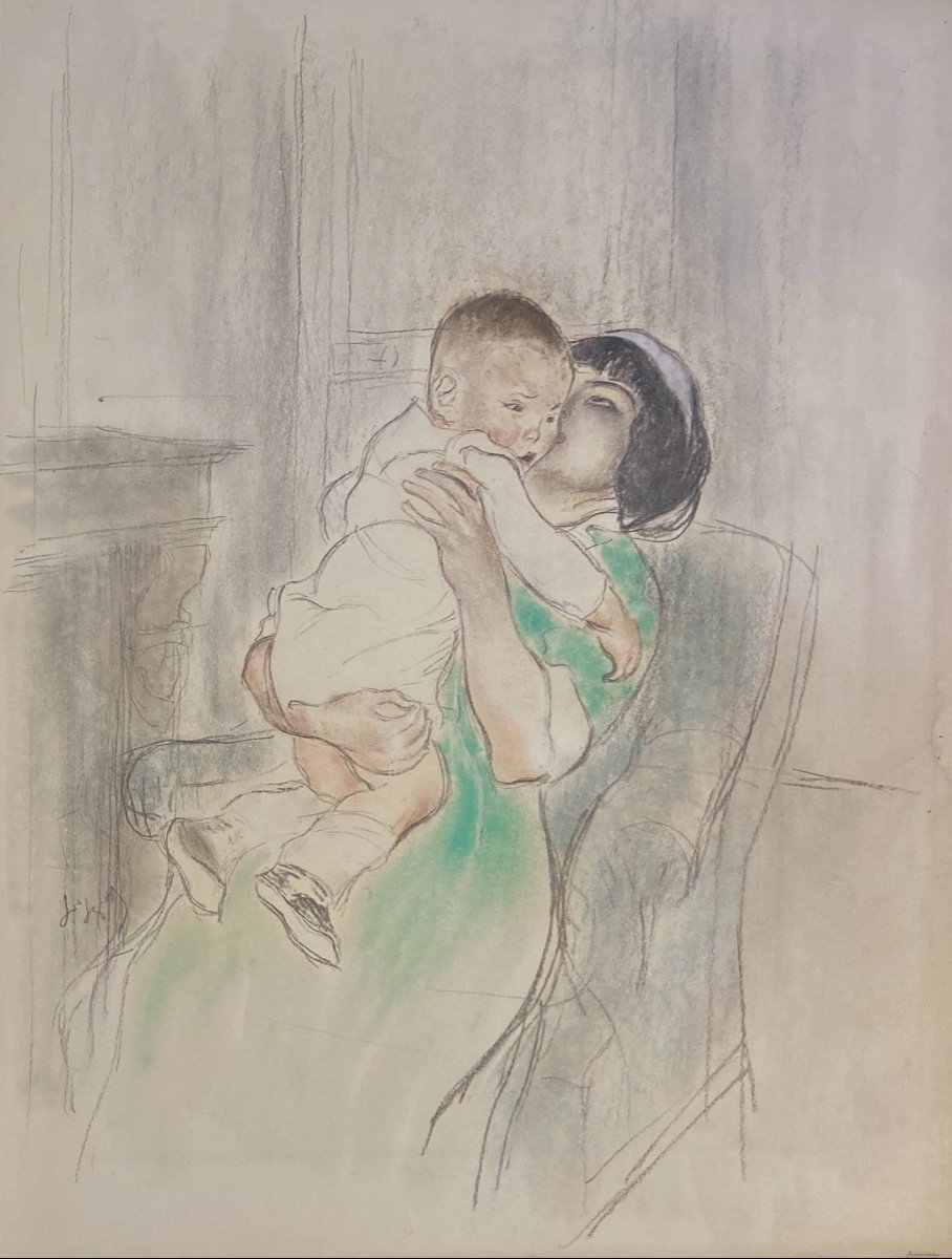 Legrand Louis (1863-1951) "woman And Child" Drawing In Black Pencil And Pastel, Monogrammed