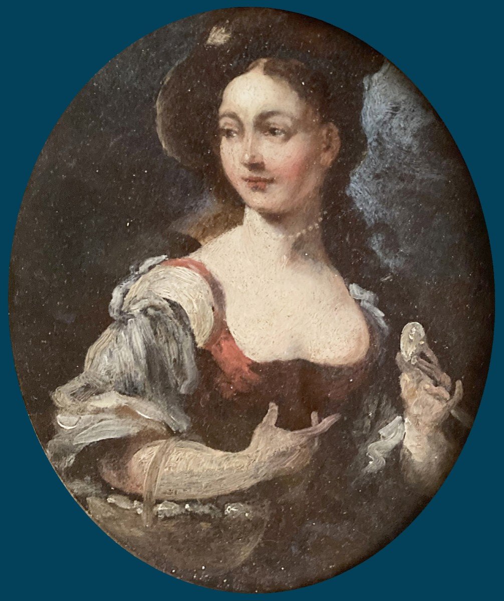English School 18th Century "woman With Basket" Oil/copper, Provenance Coll. L. Seymour, 19th Century Frame