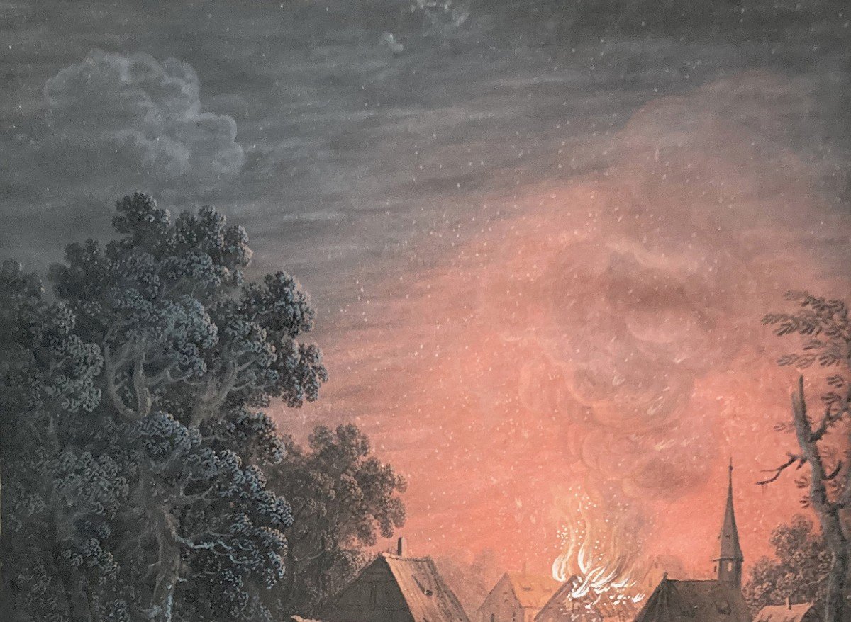 Agricola Christoph Ludwig (1665-1719) "fire In The Village" Gouache On Vellum, 19th Century Frame-photo-2