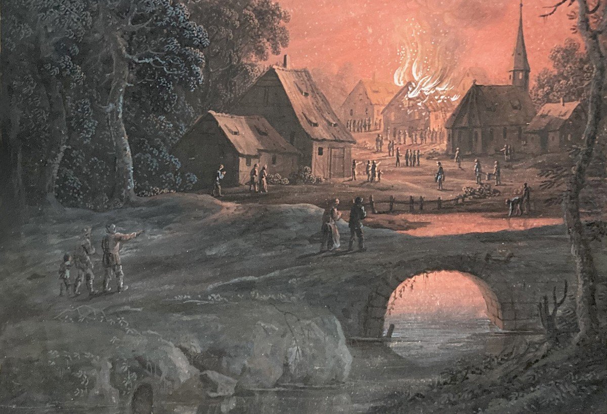 Agricola Christoph Ludwig (1665-1719) "fire In The Village" Gouache On Vellum, 19th Century Frame-photo-3