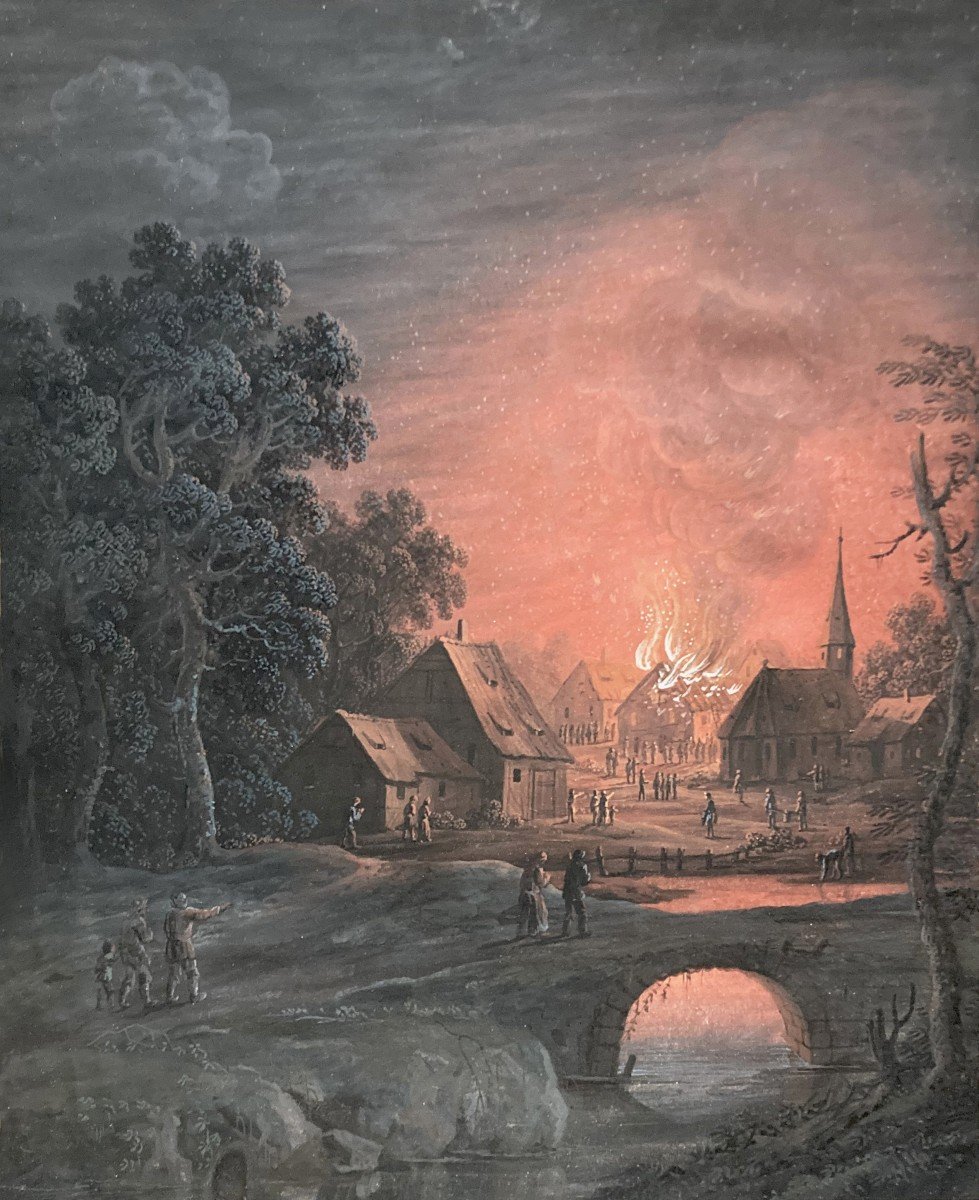 Agricola Christoph Ludwig (1665-1719) "fire In The Village" Gouache On Vellum, 19th Century Frame