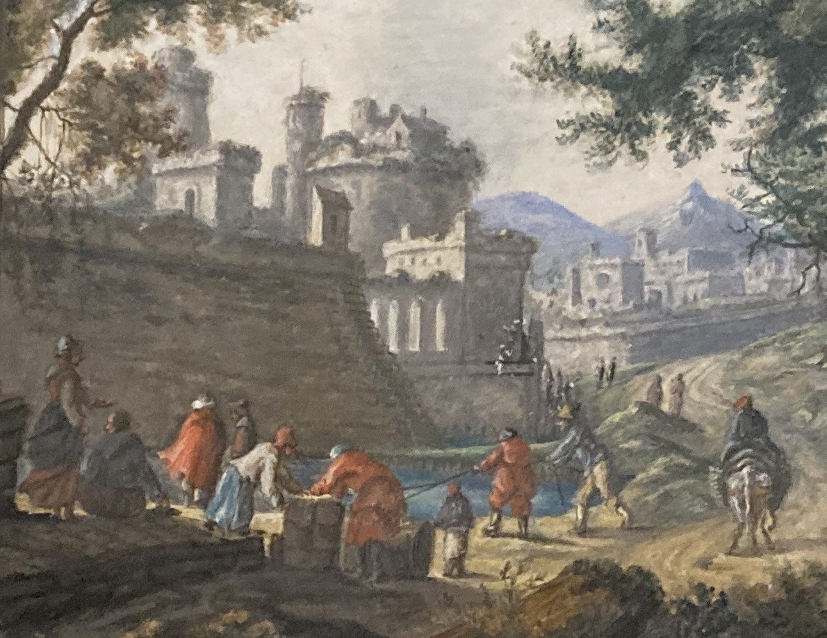 Perelle Gabriel-nicolas (1604-1677) Attr.to “ancient Ruins, Characters” Drawing/watercolor, Gouache-photo-2