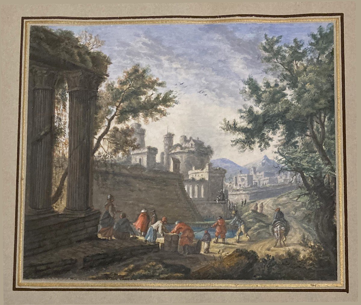 Perelle Gabriel-nicolas (1604-1677) Attr.to “ancient Ruins, Characters” Drawing/watercolor, Gouache-photo-3
