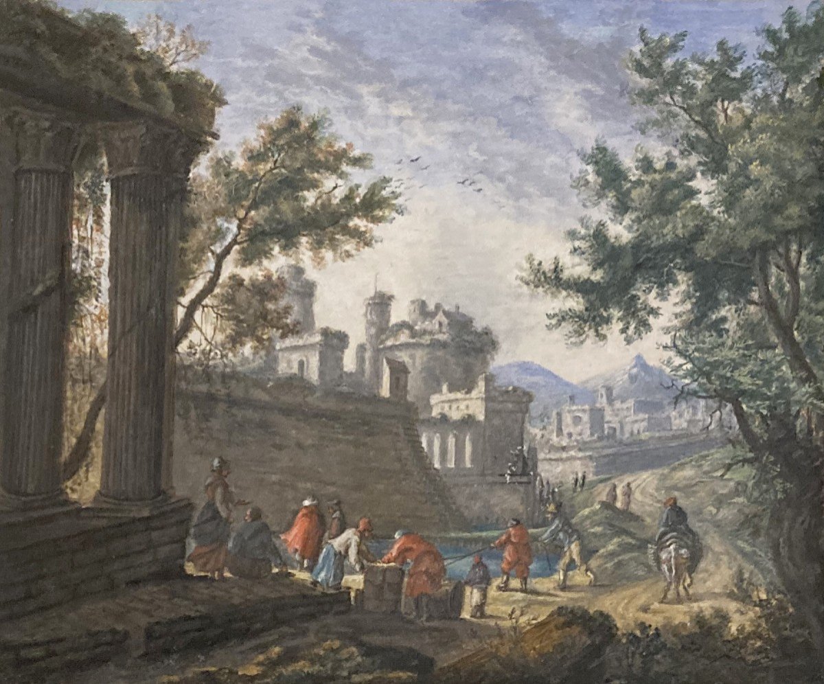 Perelle Gabriel-nicolas (1604-1677) Attr.to “ancient Ruins, Characters” Drawing/watercolor, Gouache