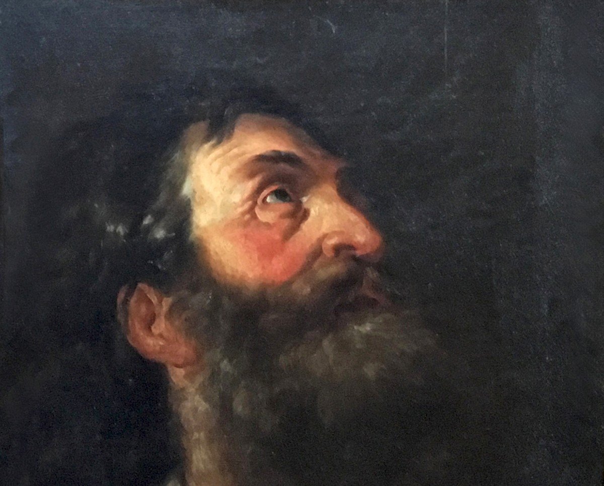 Halle Noel (1711-1781) Attr. To "bearded Man, Eyes Raised" Oil/mounted Paper/canvas, 18th Century Frame-photo-3