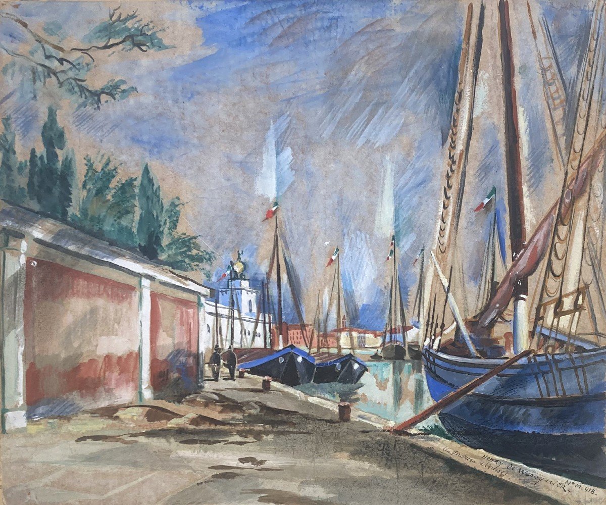 Waroquier De Henry (1881-1970) "la Giudecca In Venice" Large Drawing/watercolor, Gouache, Signed, Located-photo-2