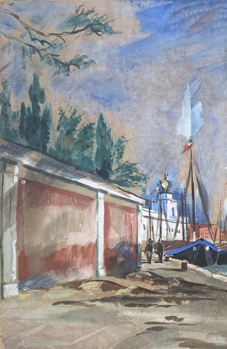 Waroquier De Henry (1881-1970) "la Giudecca In Venice" Large Drawing/watercolor, Gouache, Signed, Located-photo-3