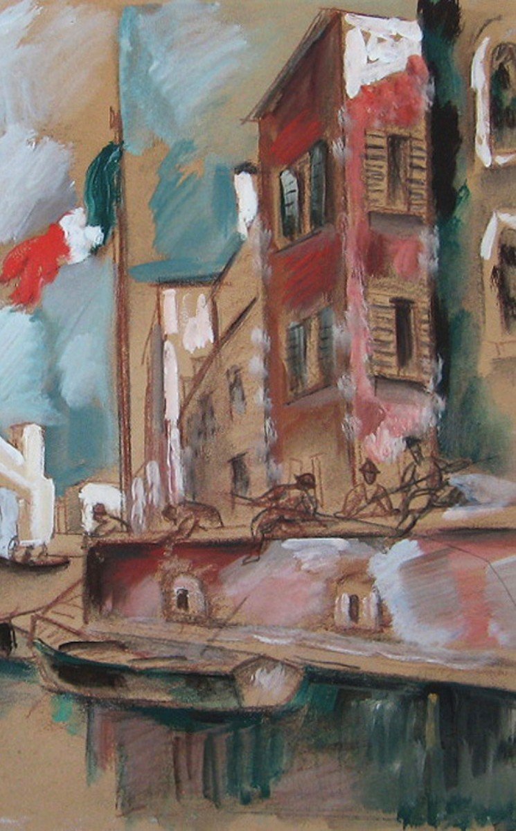 WAROQUIER DE Henry (1881-1970) "Mur de l'Arsenal à Venise" Grand Dessin/Crayon noir, gouache, Signé-photo-3