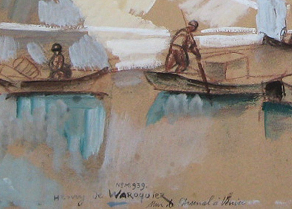 WAROQUIER DE Henry (1881-1970) "Mur de l'Arsenal à Venise" Grand Dessin/Crayon noir, gouache, Signé-photo-4